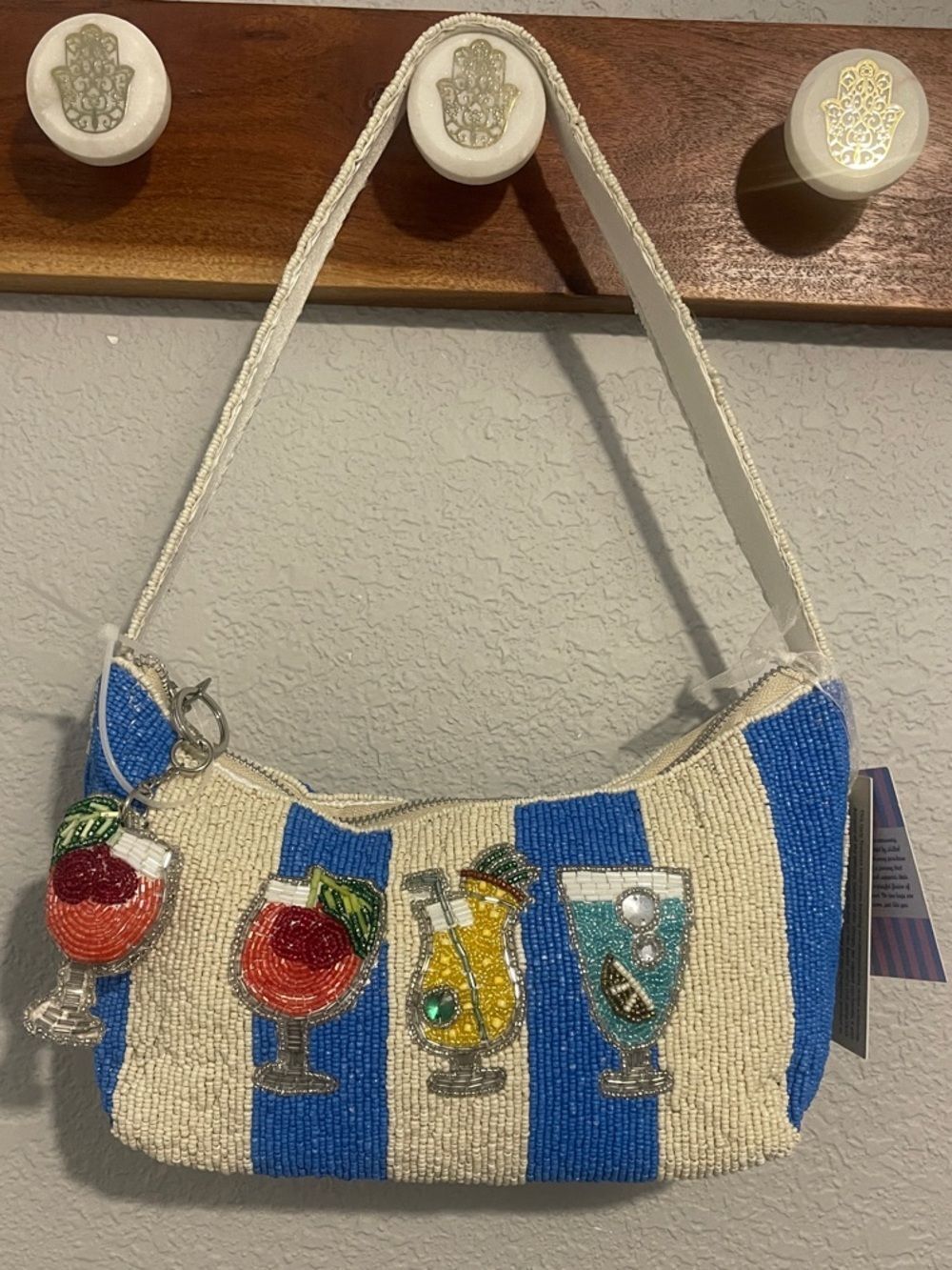 Viral Beaded Bag - Cocktail Stripe Shoulder Bag - Blue & Cream